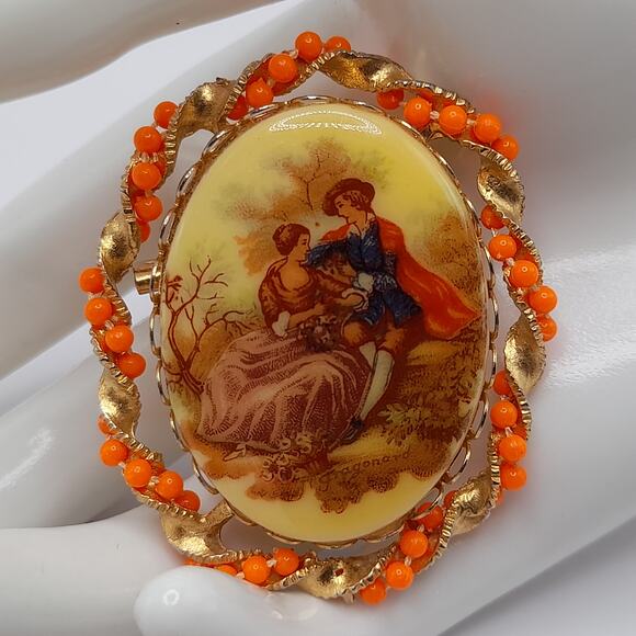 Vintage Romantic Scene Fragonard Style Brooch, Orange Bead Gold Frame, 2 Inches - Picture 1 of 9